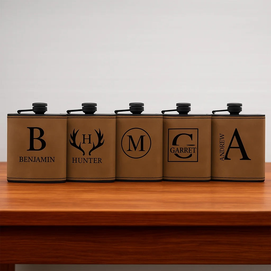 Groomsmen Gift Set of 5 Black Leather Flasks