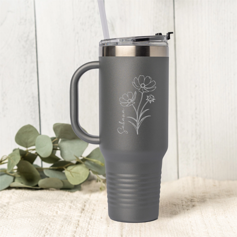 Customized 40oz Tumbler - Birth Flower Designs (Vertical Name)