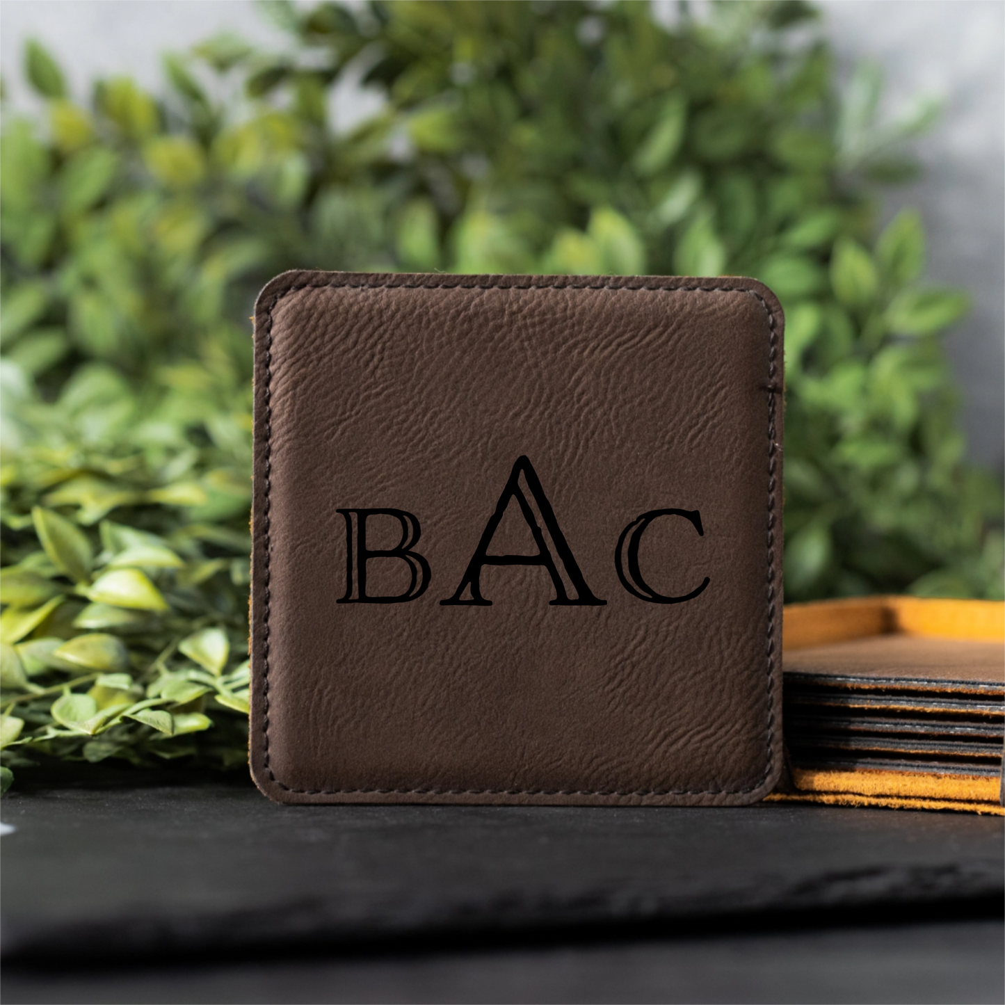Customized Dark Brown Leather Coasters - Signature Designs