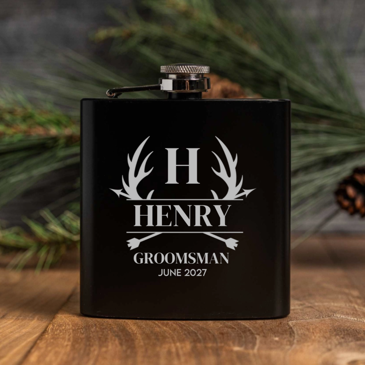 Customized Groomsmen Black Powder Coated Flasks