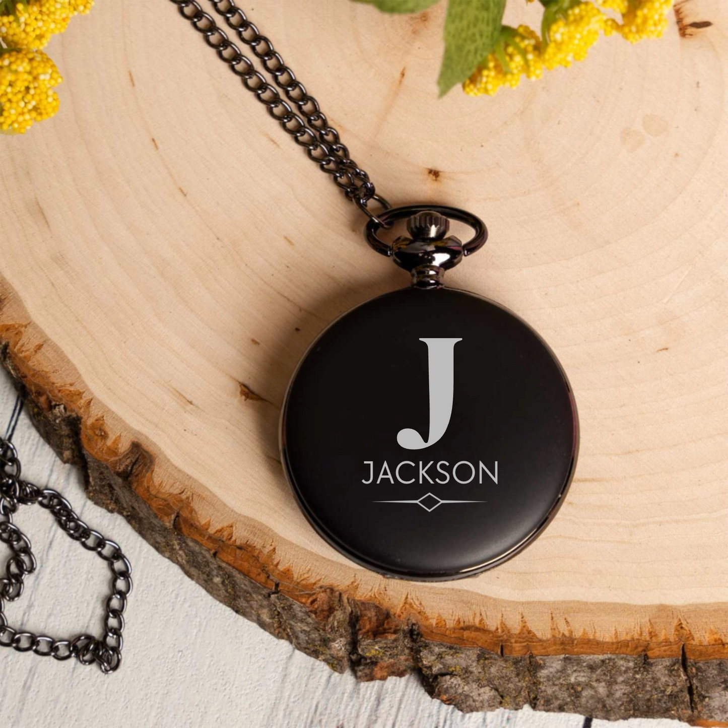 Engraved Black Pocket Watch