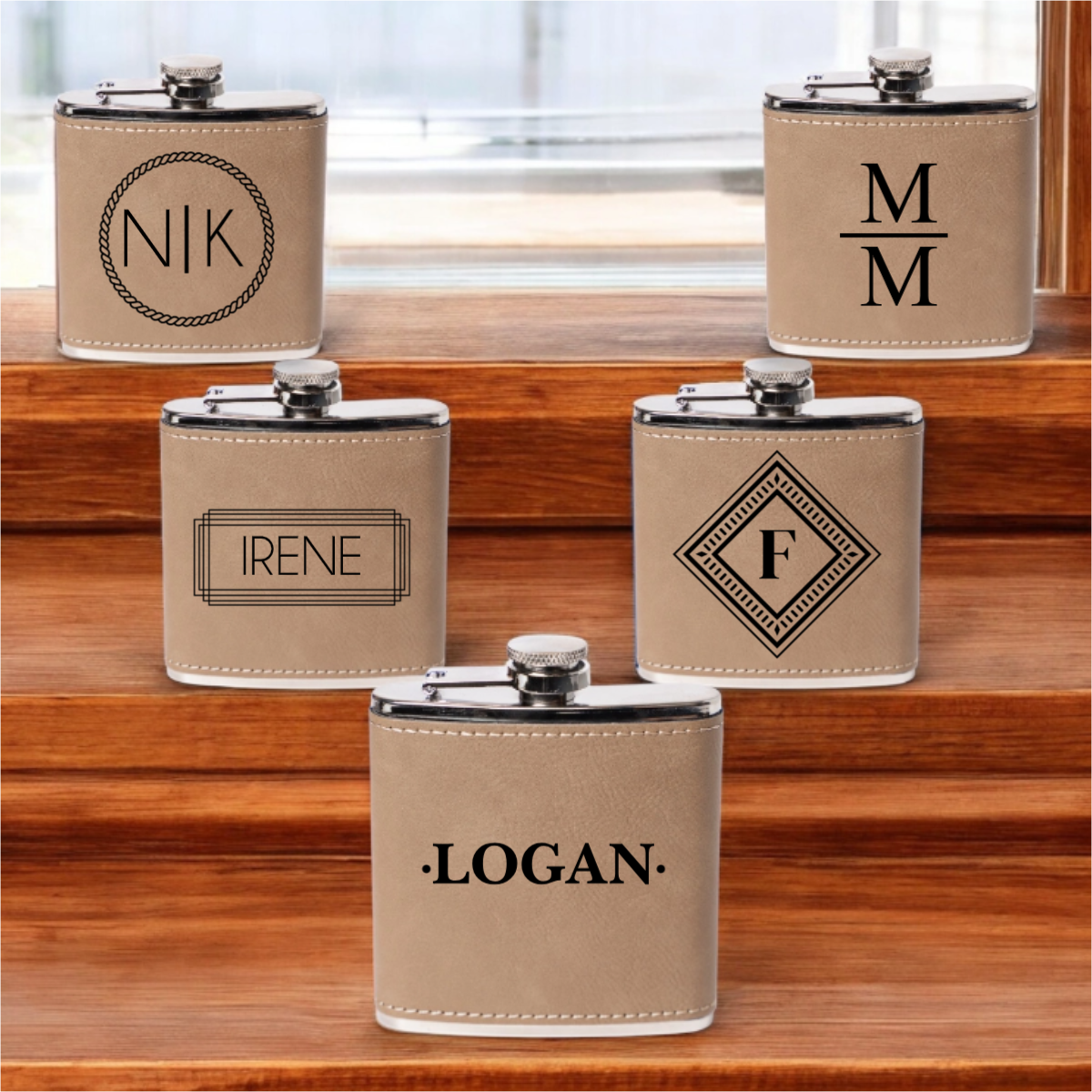 Set of 5 Leather Wrapped Stainless Flasks - Signature Designs Groomsmen Gift
