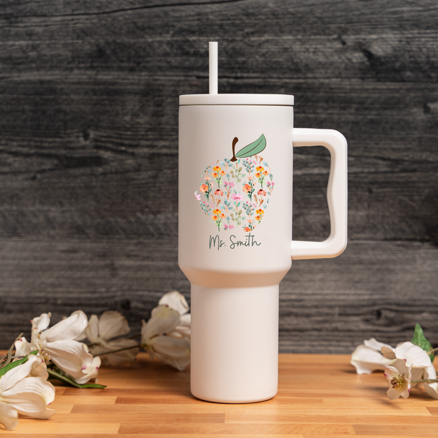Customized Teacher Tumbler with Floral Apple and Name