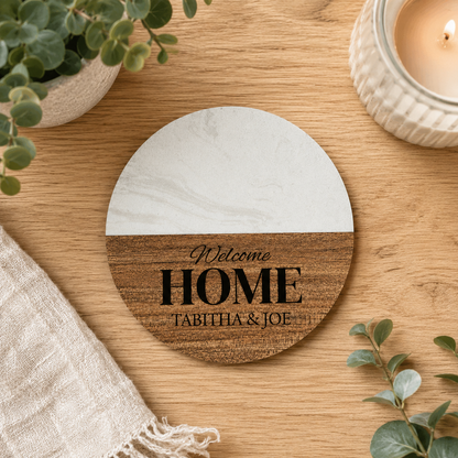 Personalized Welcome Home Marble Acacia Wood Coaster