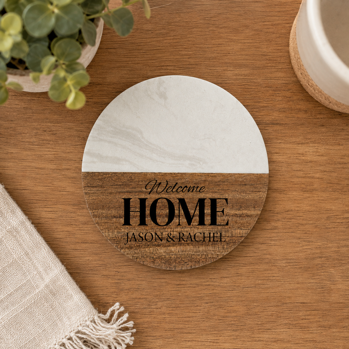 Personalized Welcome Home Marble Acacia Wood Coaster