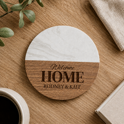 Personalized Welcome Home Marble Acacia Wood Coaster
