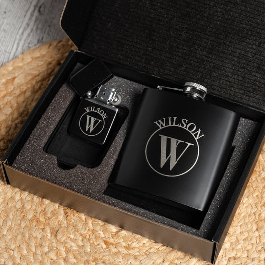 Customized Black Flask & Lighter Gift Set