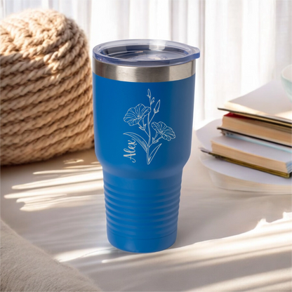 Customized 30oz Tumbler with Silver Lip - Birth Flower Designs (Vertical Name)