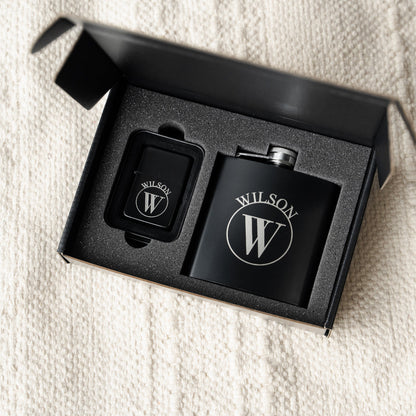 Customized Black Flask & Lighter Gift Set