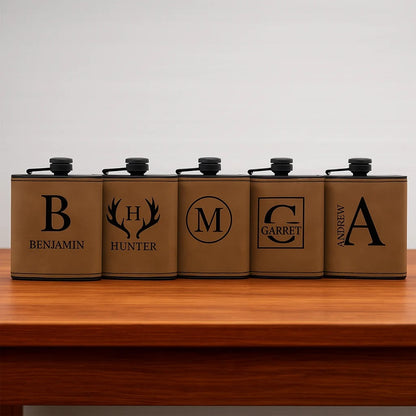 Groomsmen Gift Set of 5 Black Leather Flasks