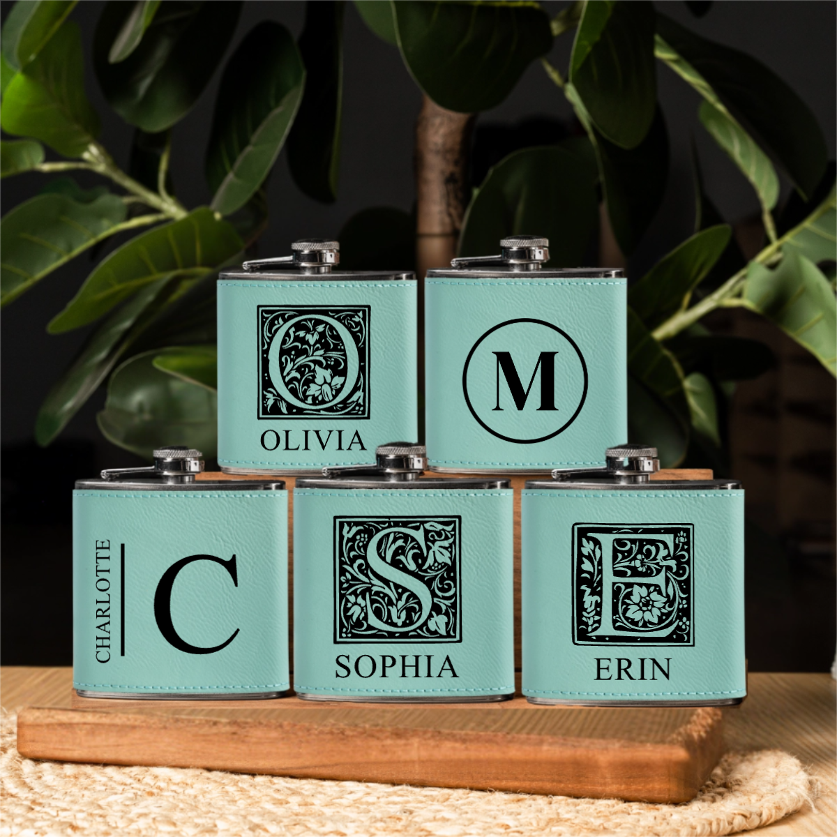 Groomsmen Gift Set of 5 Leather Wrapped Stainless Flasks