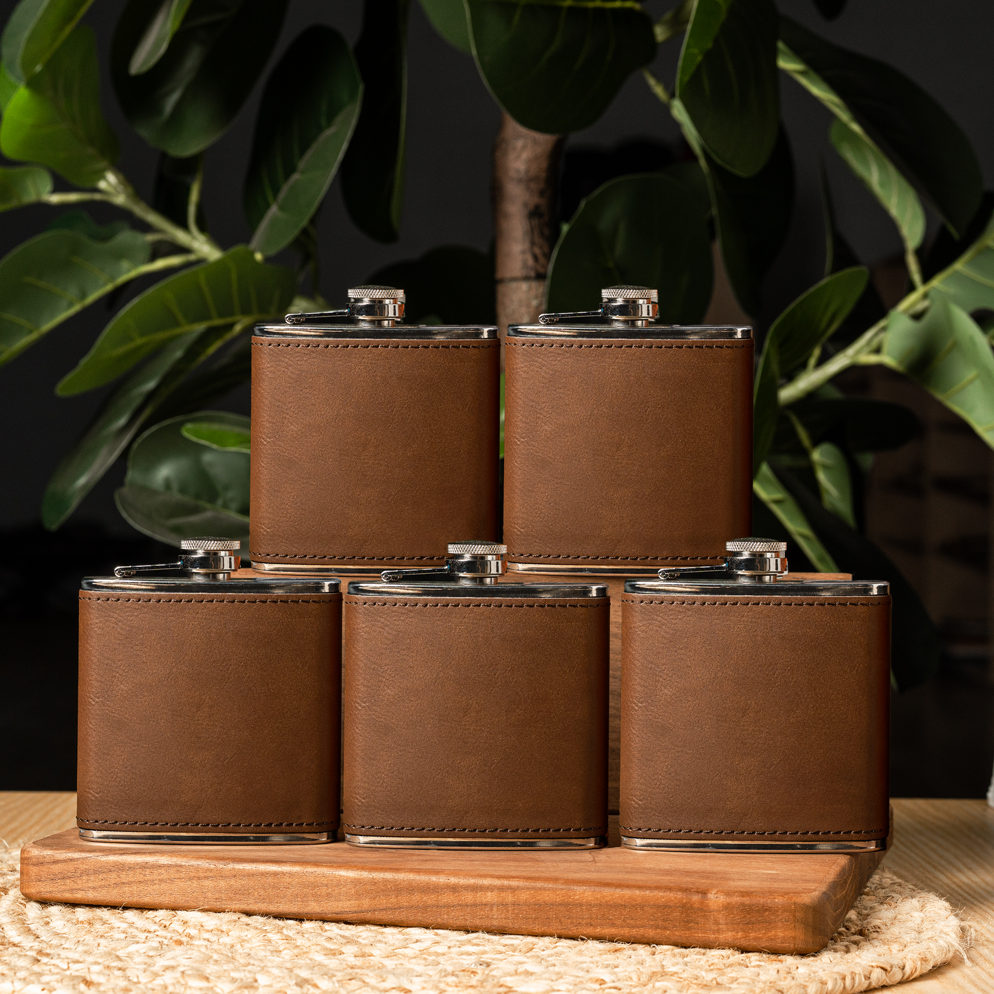 Groomsmen Gift Set of 5 Leather Wrapped Stainless Flasks