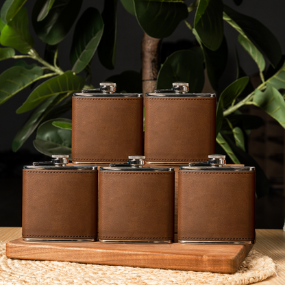 Groomsmen Gift Set of 5 Leather Wrapped Stainless Flasks
