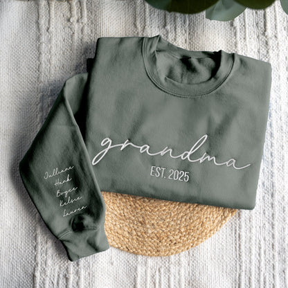 Custom Embroidered Grandma Sweatshirt with Names on Sleeve