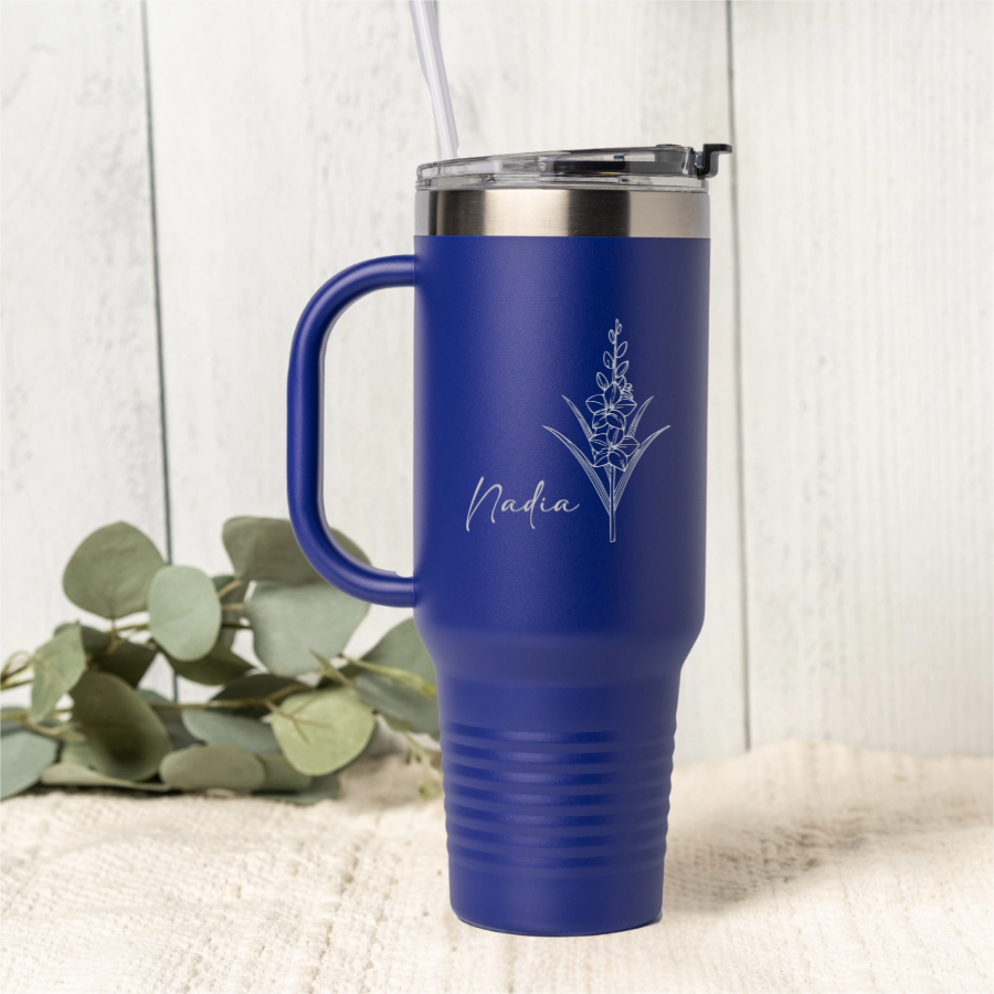 Customized 40oz Tumbler - Birth Flower Designs (Horizontal Name)