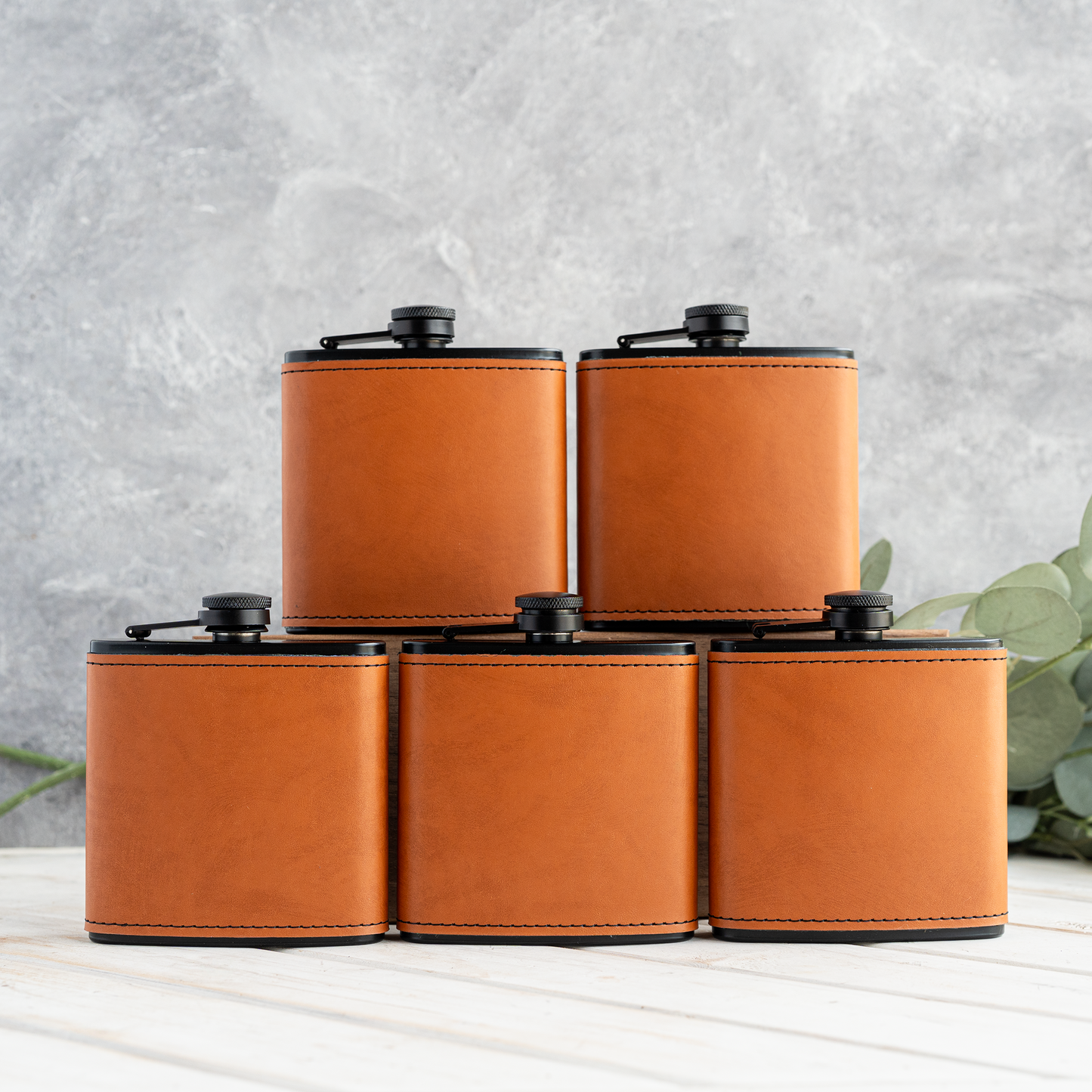 Groomsmen Gift Set of 5 Leather Wrapped Stainless Flasks
