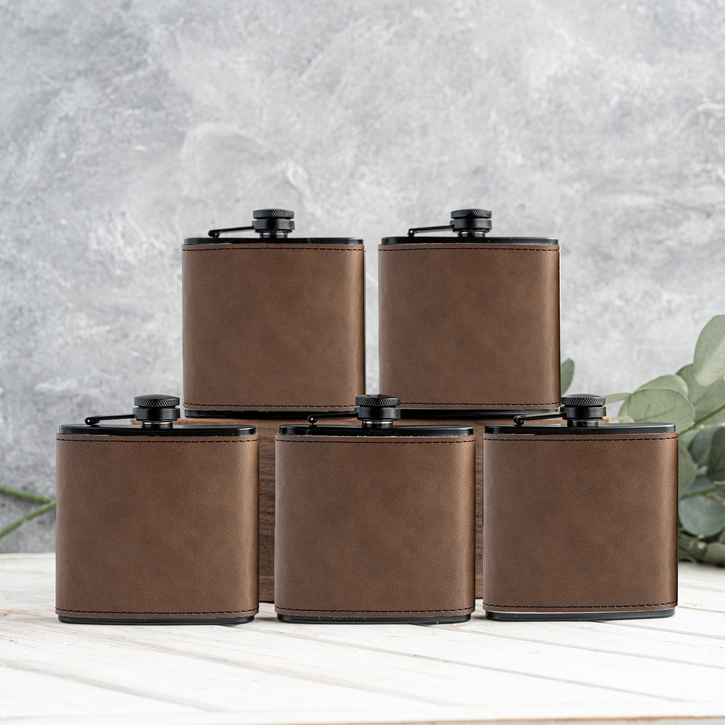Groomsmen Gift Set of 5 Leather Wrapped Stainless Flasks