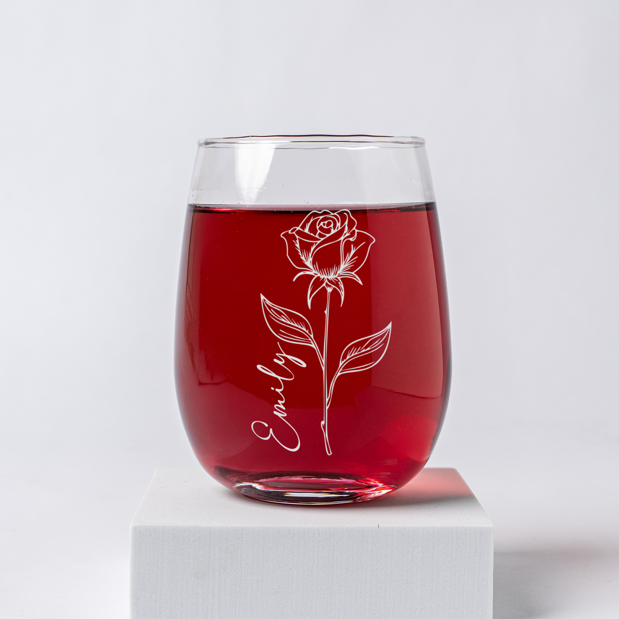 Engraved Stemless Wine Glass - Vertical Birth Flower