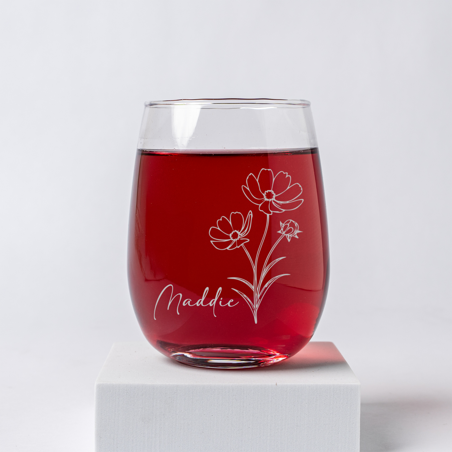 Engraved Stemless Wine Glass - Horizontal Birth Flowers