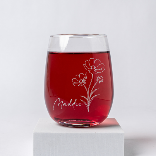 Engraved Stemless Wine Glass - Horizontal Birth Flowers