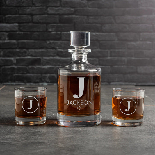Customized Aberdeen Decanter with 2 Lowball Whiskey Glasses