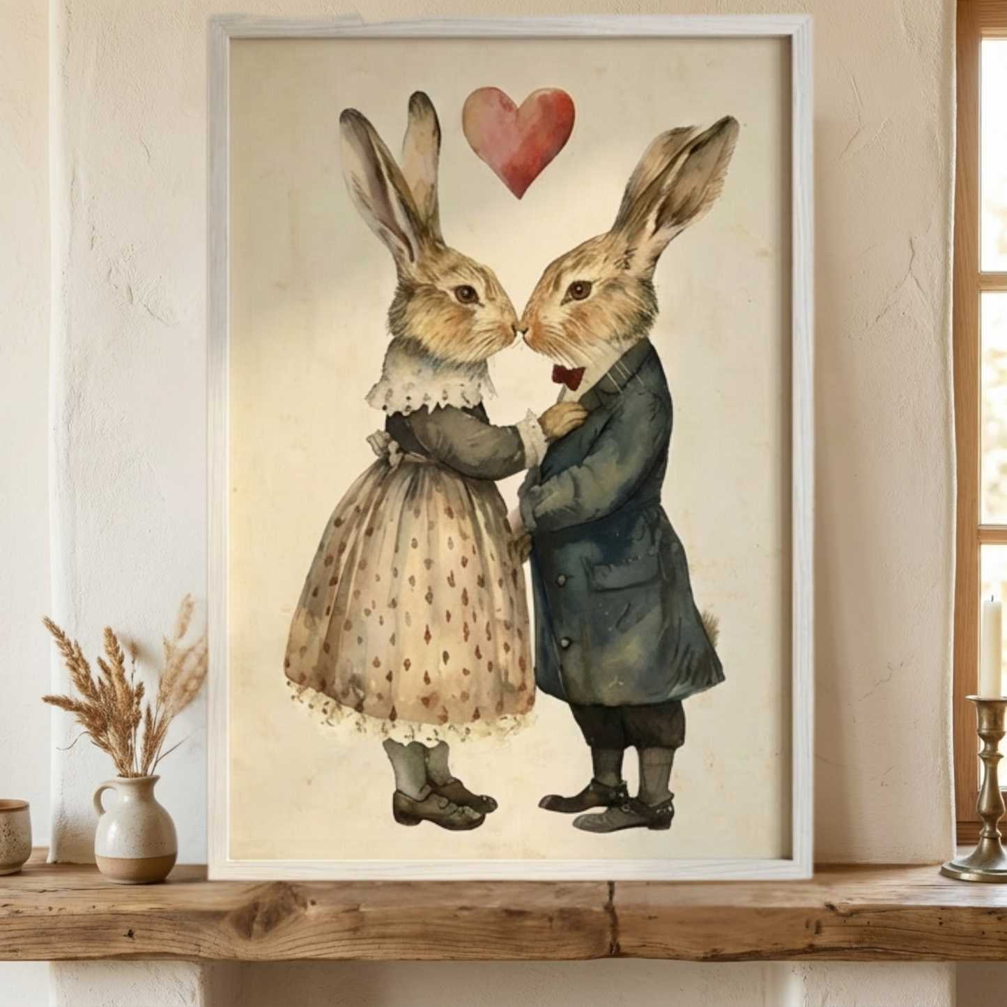 Vintage Style Framed Valentine Bunny Print