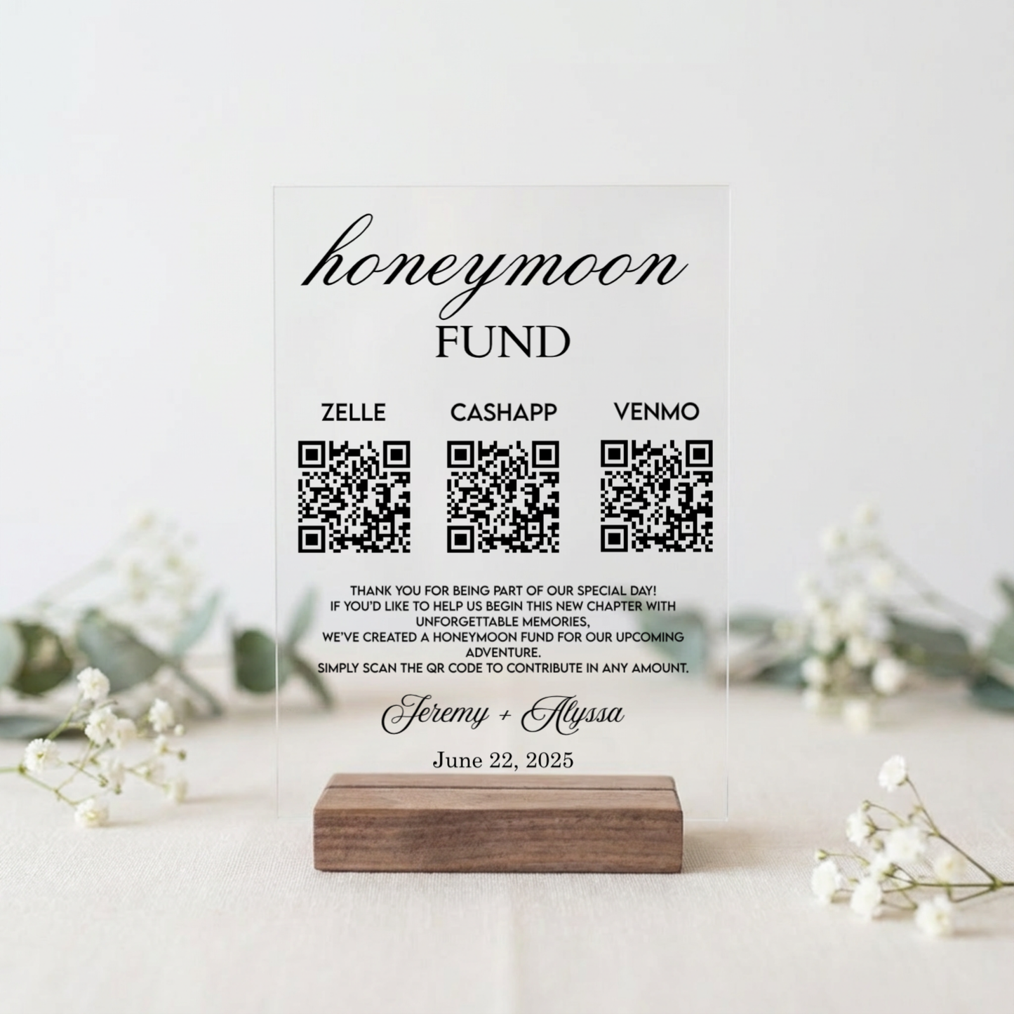 Customized Honeymoon Fund QR Code Acrylic Sign