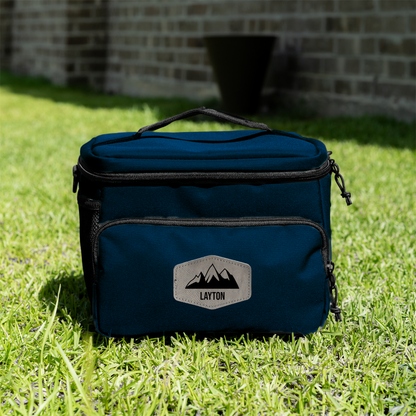 Blue cooler bag with Custom text on grass