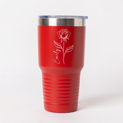 Customized 30oz Tumbler with Silver Lip - Birth Flower Designs (Vertical Name)