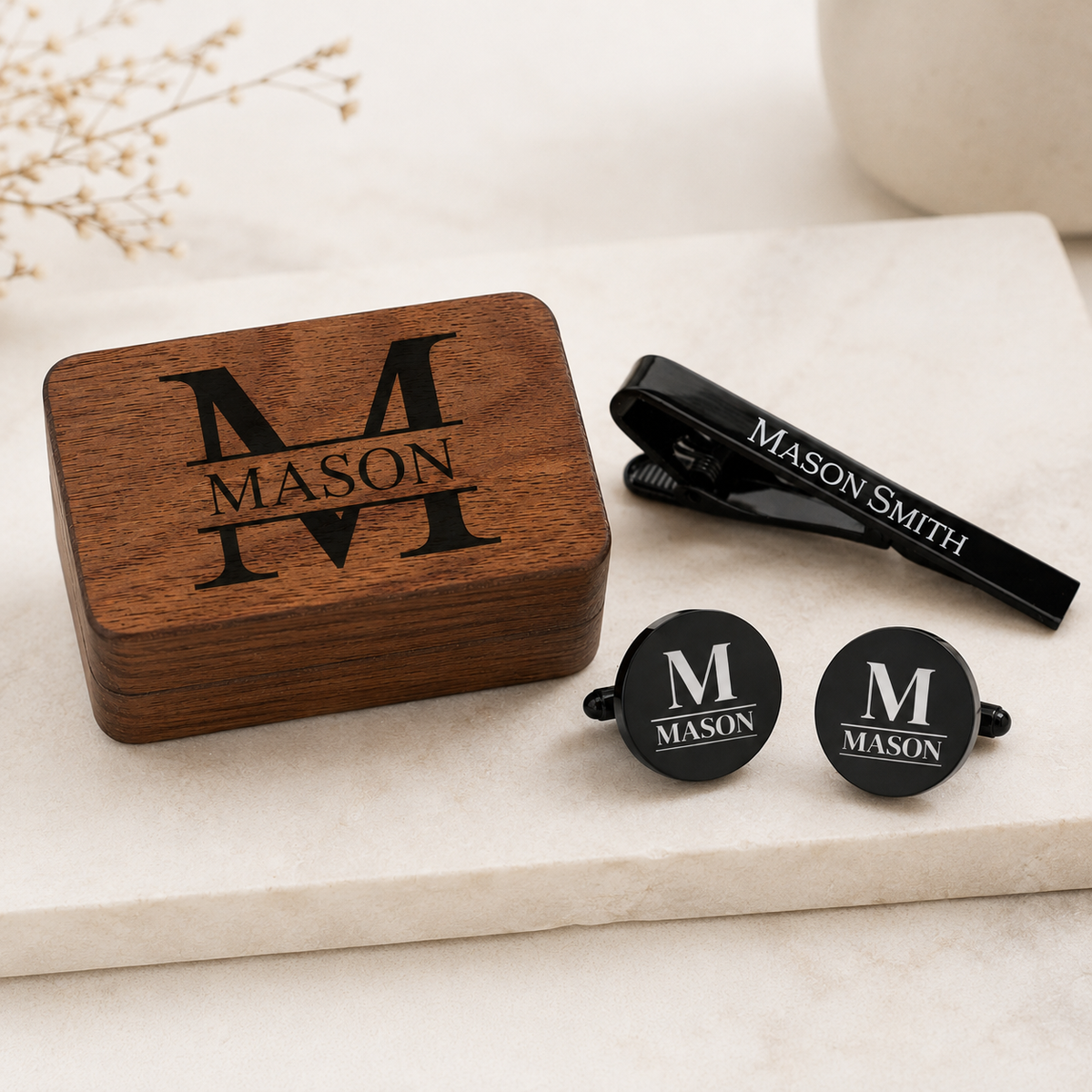 Personalized Cufflinks and Tie Clip Set