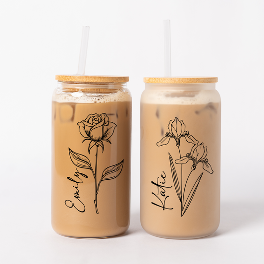 Customized Glass Cans - Birth Flower Designs (Vertical Name)