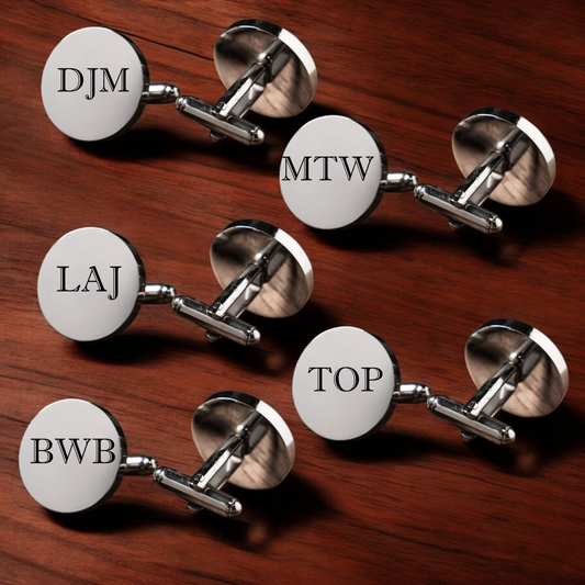 Set of 5 Round Silver Cufflinks - Monogram Groomsmen Gift