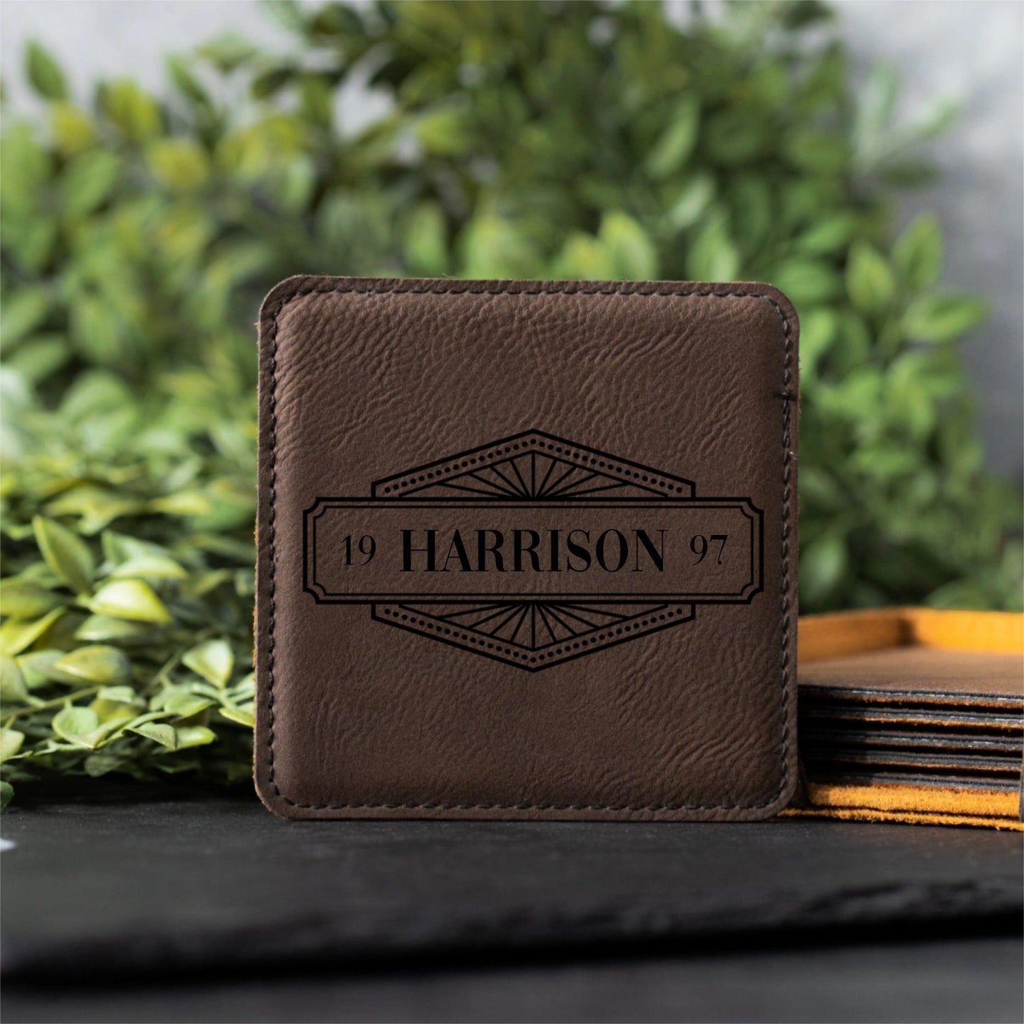 Customized Dark Brown Leather Coasters - Signature Designs