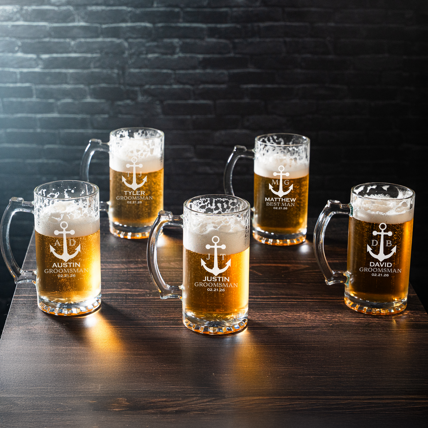 Set of 5 25oz Beer Mugs - Wedding Designs Groomsmen Gift