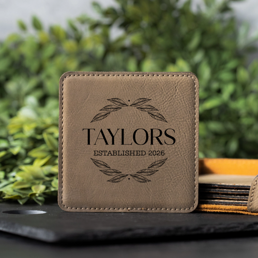 Customized Light Brown Leather Coasters - Signature Designs