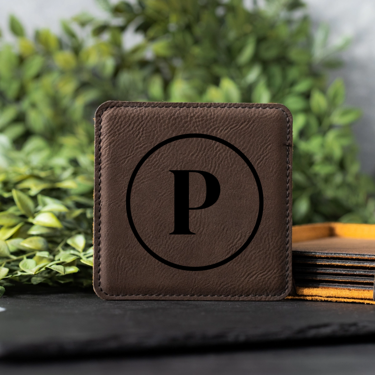 Customized Dark Brown Leather Coasters