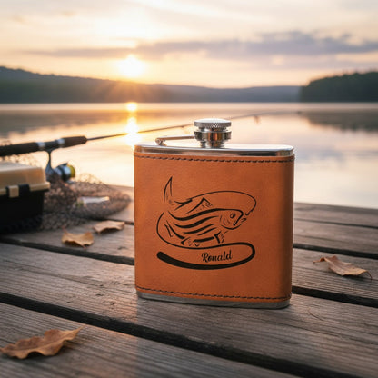 Customized Leather Wrapped Flasks With Fishing Designs