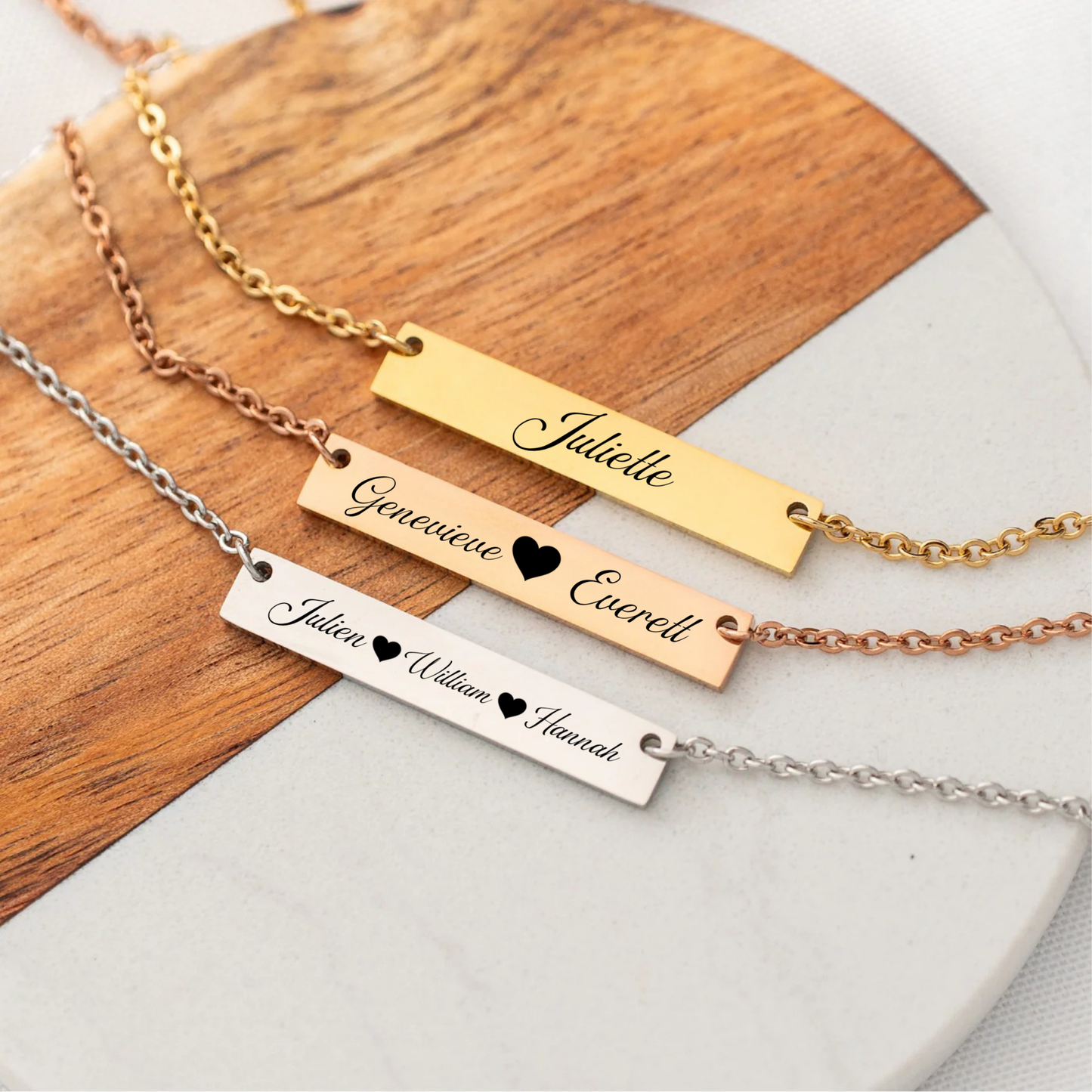 Custom Engraved Names & Hearts Bar Necklace