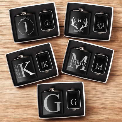 Set of 5 Personalized Black Flask and Lighter Sets - Groomsmen Gift