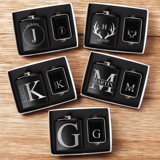 Set of 5 Personalized Black Flask and Lighter Sets - Groomsmen Gift