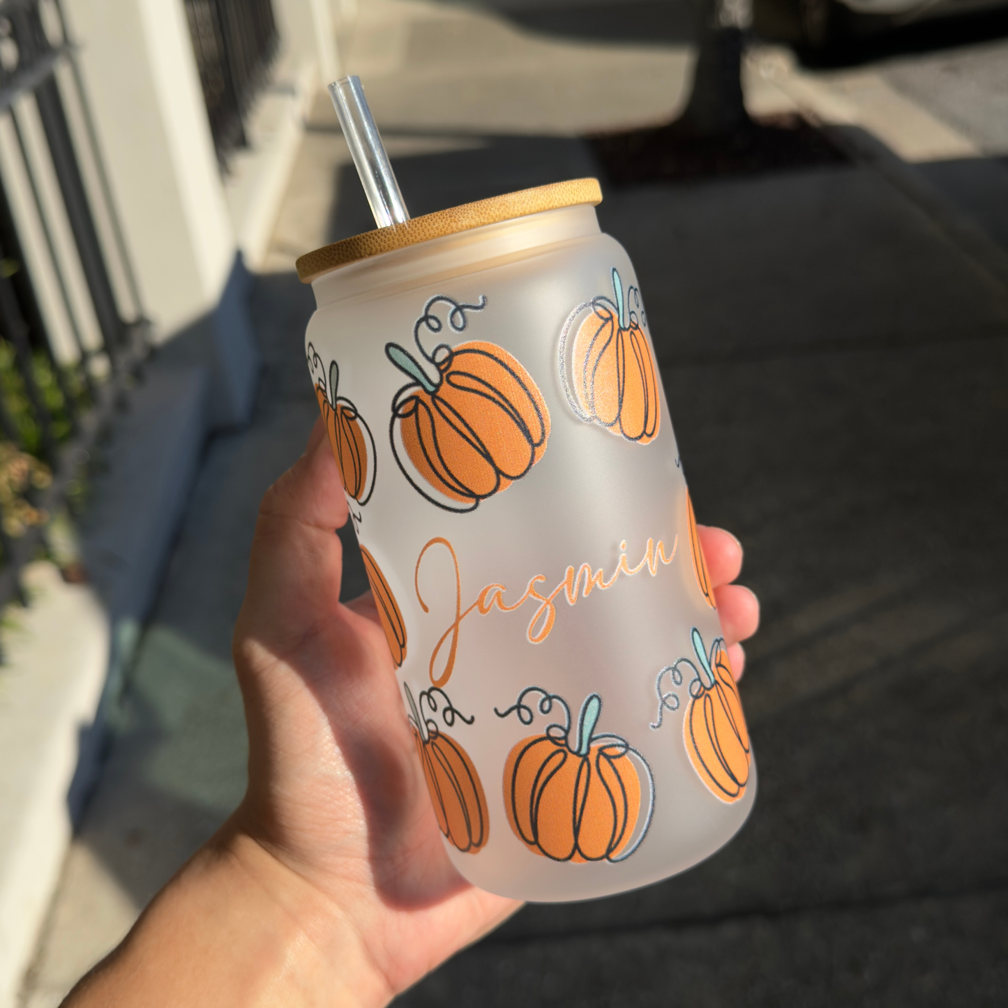 Custom 16oz Glass Can with Pumpkin Print
