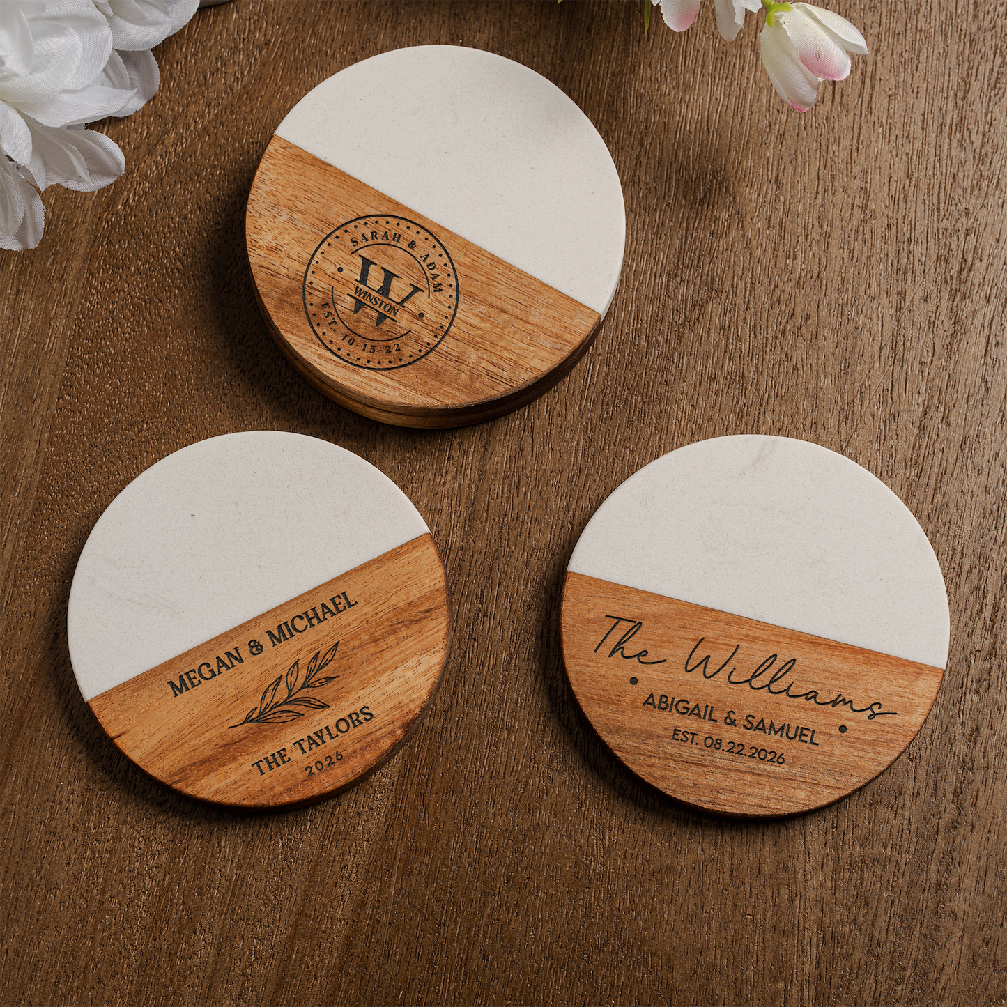 Customized Wood & Marble Acacia Coasters