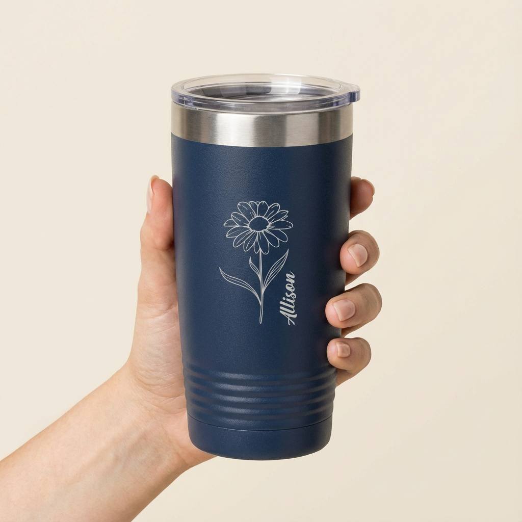 Customized 20oz Tumbler with Silver Lip - Birth Flower Designs (Vertical Name)