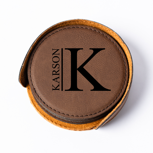Customized Dark Brown Leather Round Coaster Set