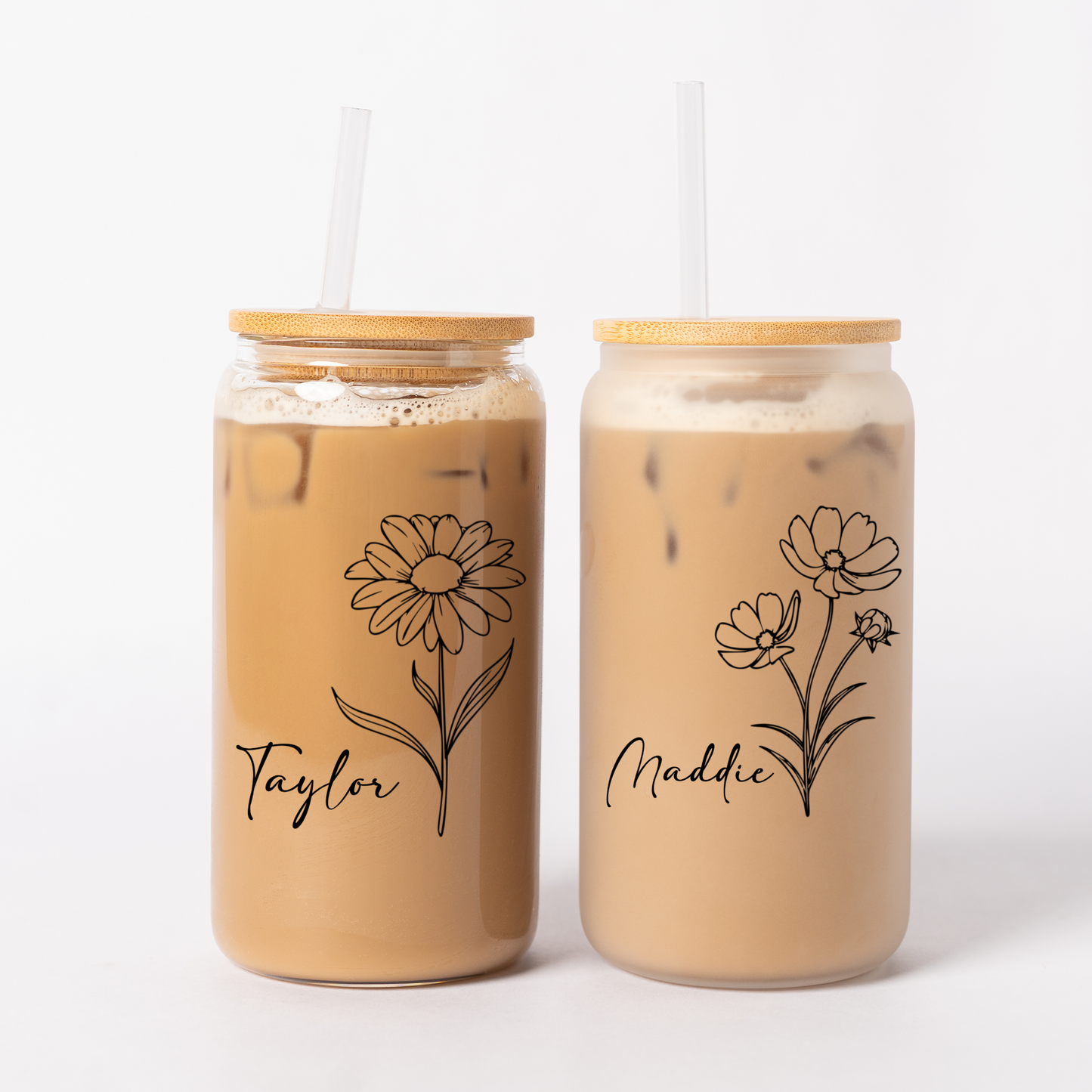 Customized Glass Cans - Birth Flower Designs (Horizontal Name)