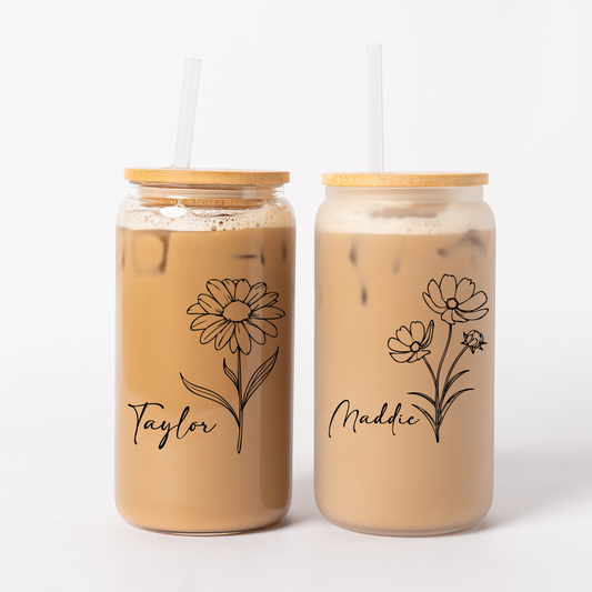 Customized Glass Cans - Birth Flower Designs (Horizontal Name)