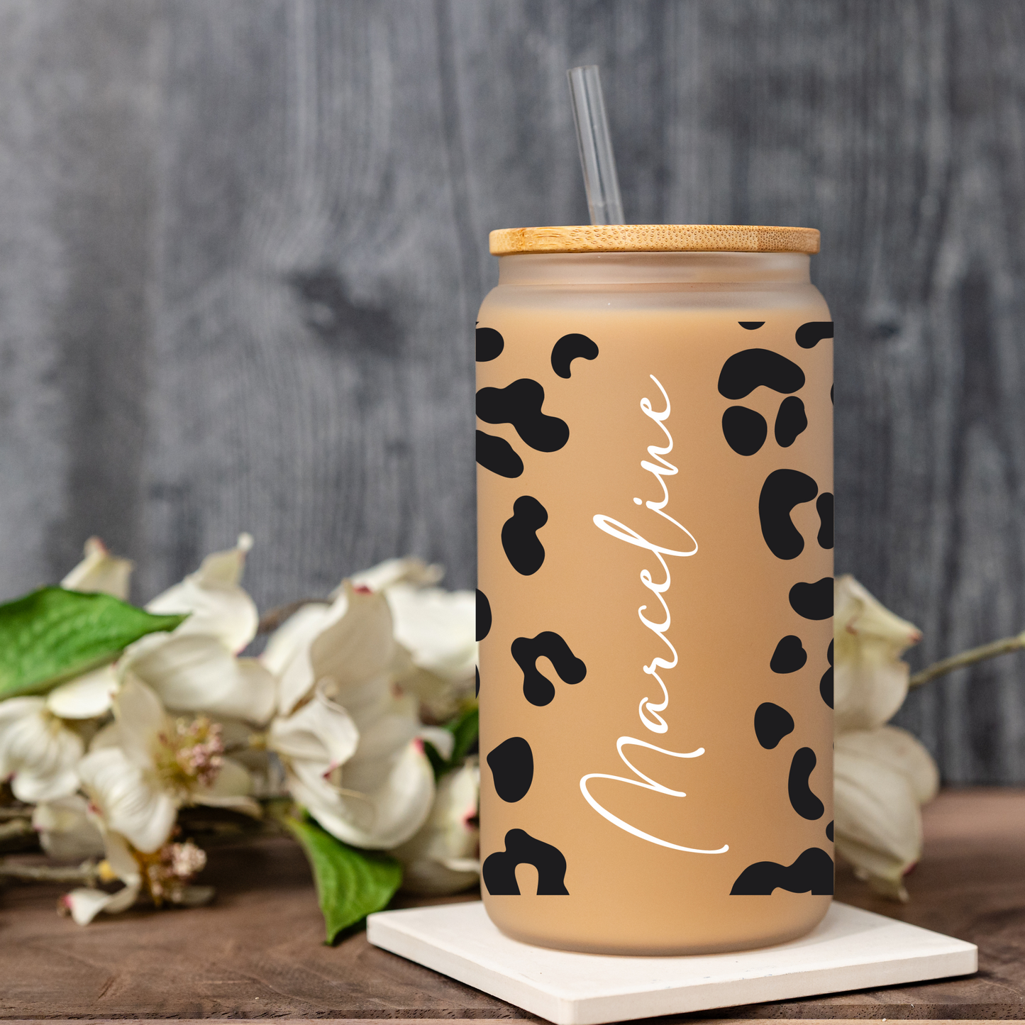 Customized Leopard Print Glass Can Cup with Bamboo Lid
