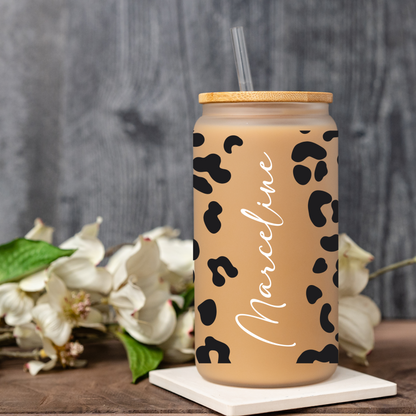 Customized Leopard Print Glass Can Cup with Bamboo Lid