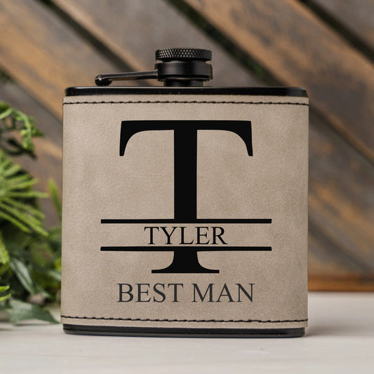Customized Leather Wrapped Black Flasks - Manly Script