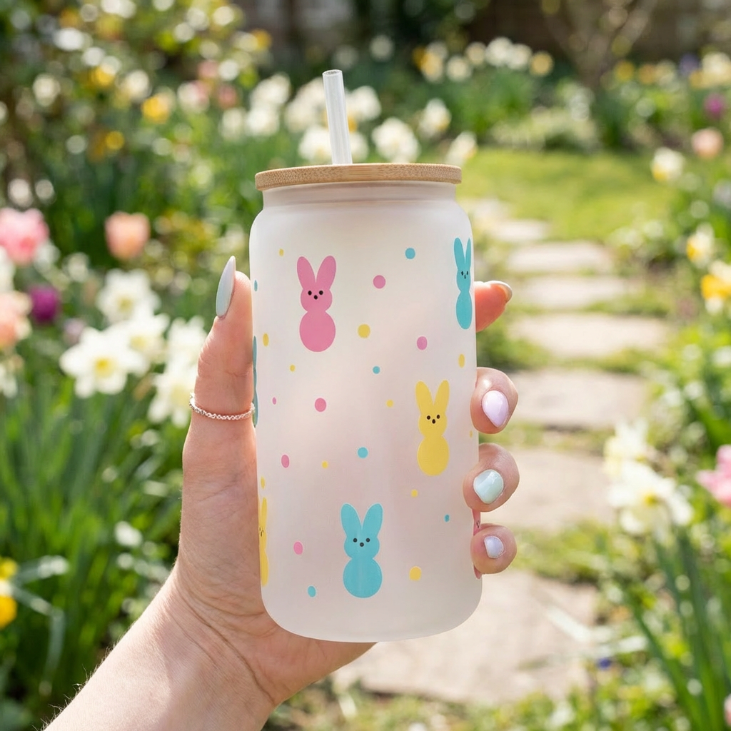 Glass Can with Bamboo Lid - Easter Themed